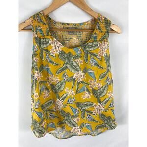 Falls Creek Yellow Smocked Top Floral Print Sleeveless Blouse Size Small